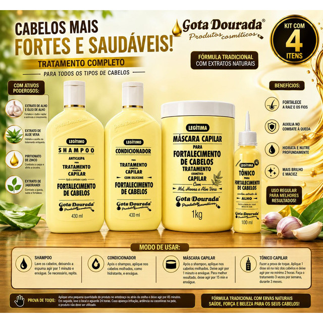 Kit Shampoo e Condicionador 430ml + Máscara Capilar 1kg + Tônico Capilar Tradicional Gota Dourada