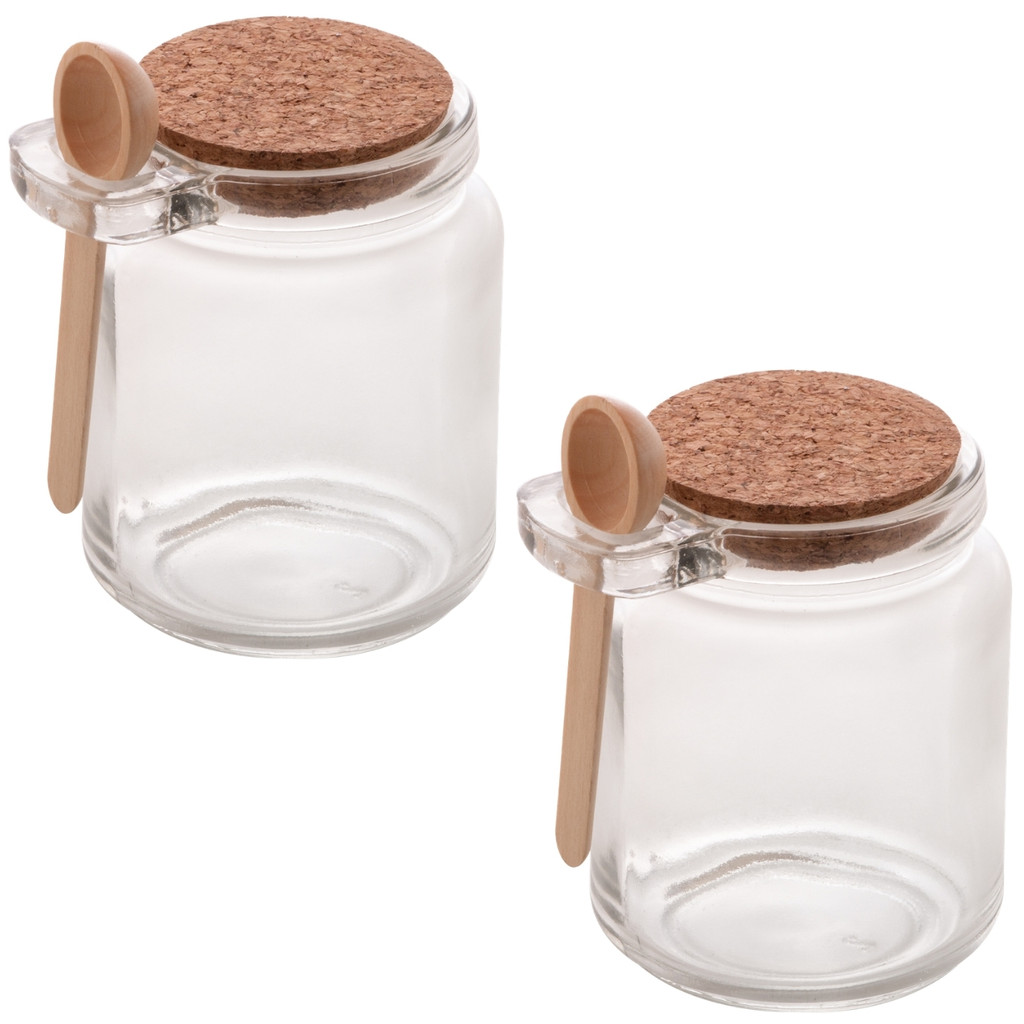 Conjunto Porta Tempero 240ml Colher Tampa Bambu 2 Potes Vidro Cozinha Saleiro Açúcar Temperos Geleia