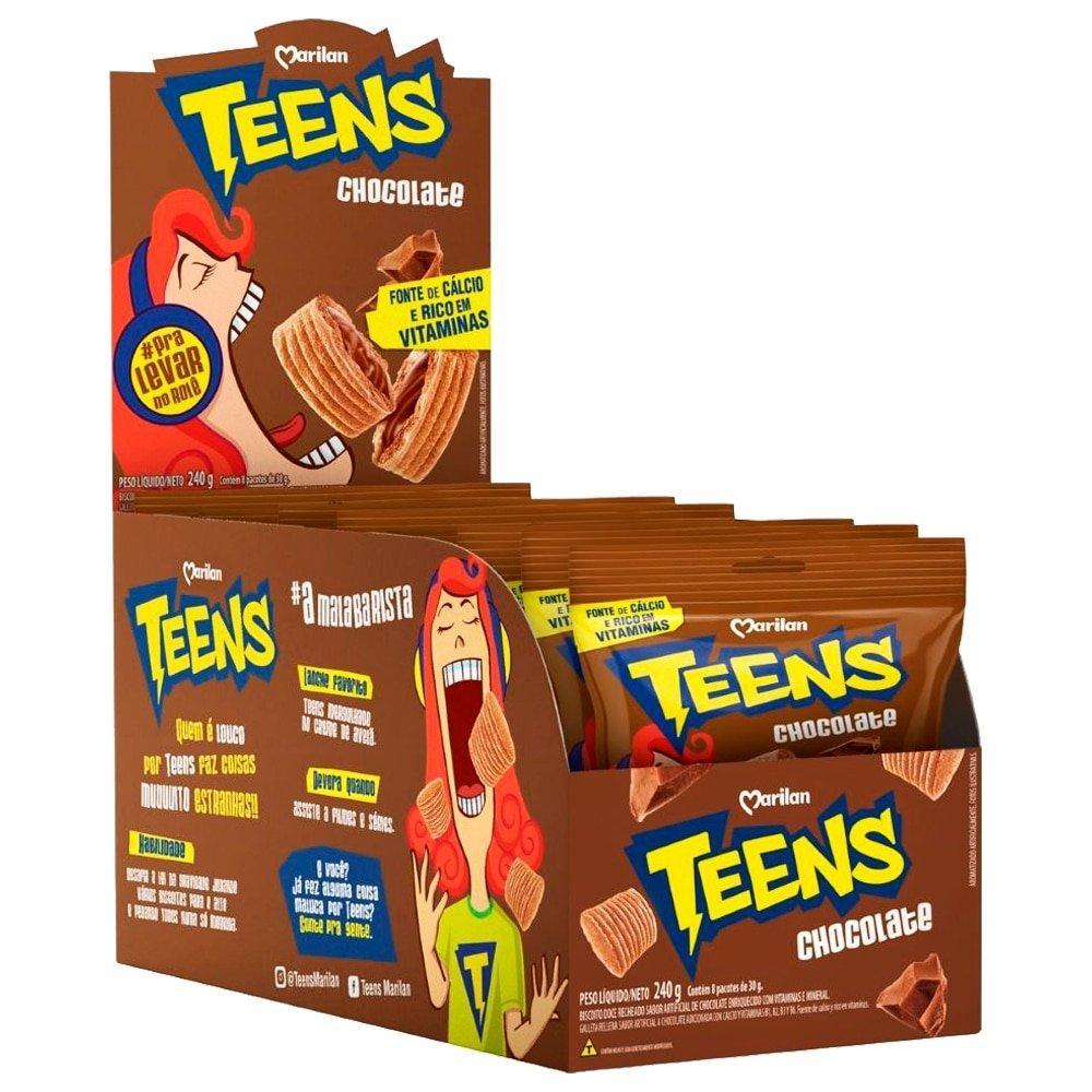 Biscoito Marilan Teens Recheado Chocolate 30g - 12 Embalagens com 8 Unidades cada