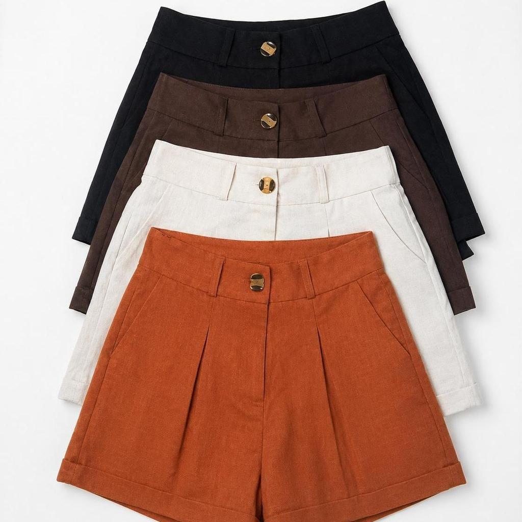 Kit 4 Shorts Femininos Linho Premium Cintura Alta Com Botão Zíper e Bolsos Casual Elegante Confortável P M G GG