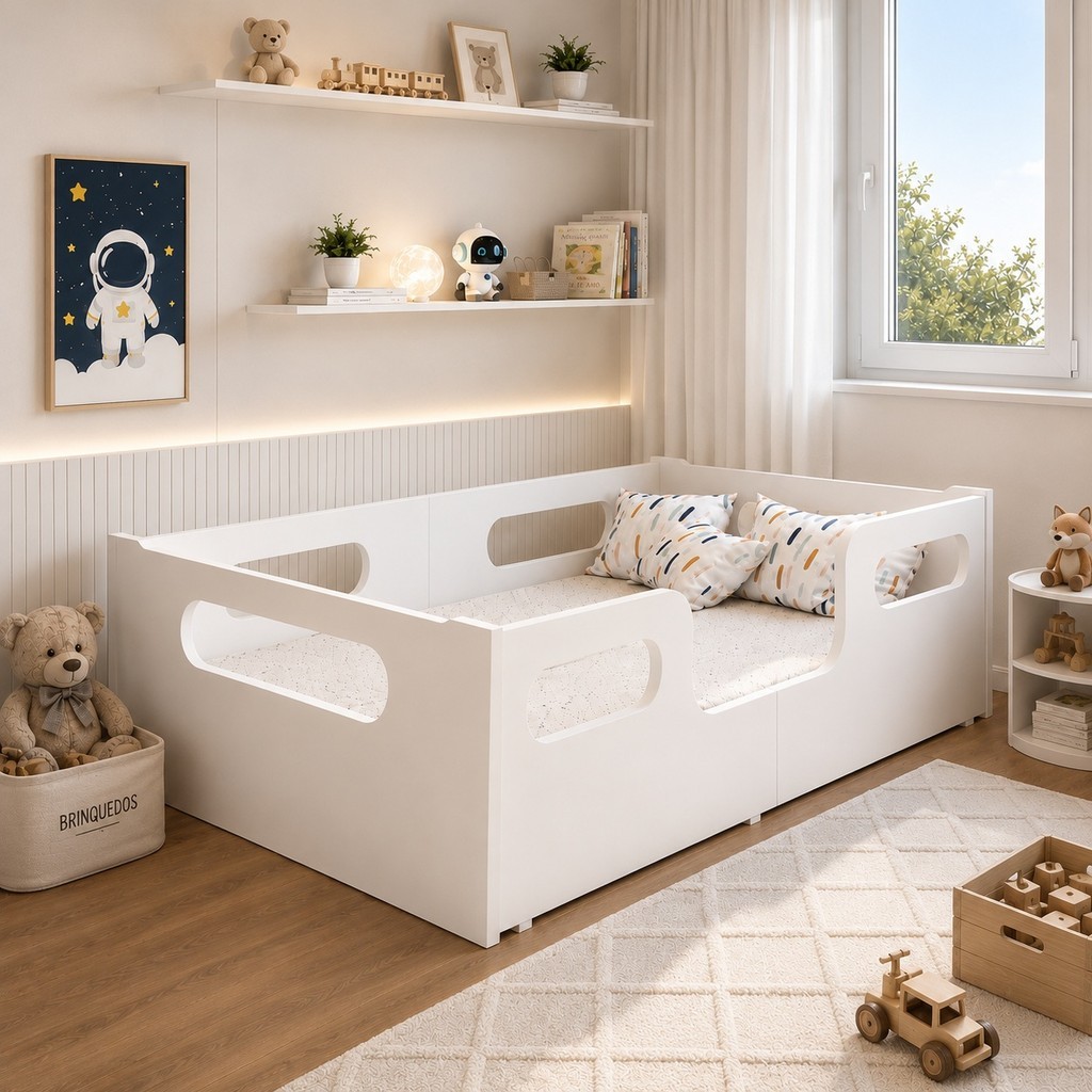 Caminha Infantil Encanto Montessoriana + Colchão Incluso Menino Menina MDF Branca - Segurança