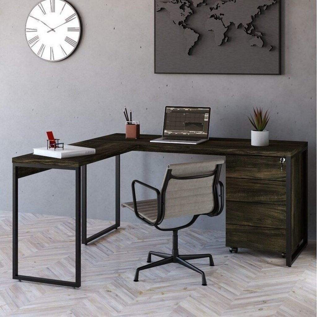 Escrivaninha Mesa Escritório em L Estilo com Gaveteiro Volante 4 Gavetas 150cm Carvalho Yescasa Dark Carvalho Dark