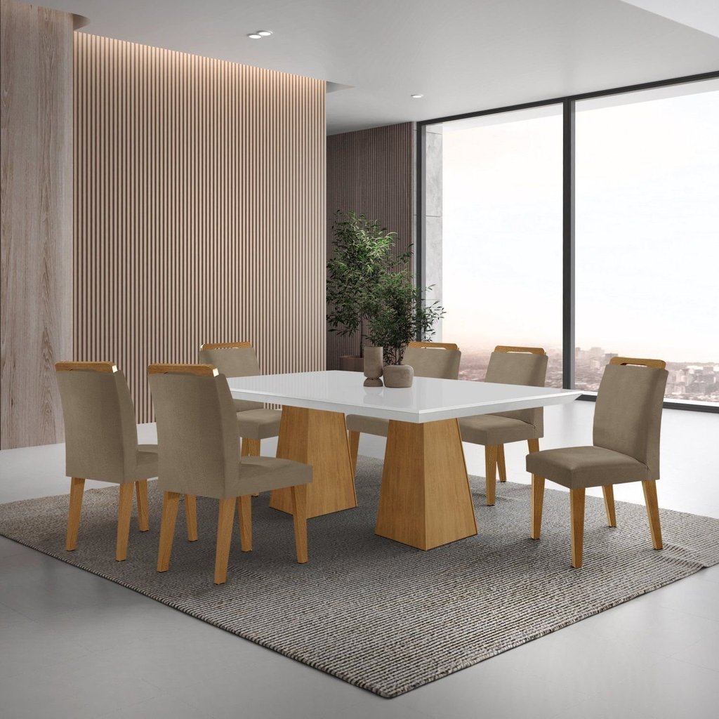 Mesa Inovare 180 Tp Mdf Vidro/canto Reto com 6 Cadeiras Bugatti Capuccino/Off White/Imbuia