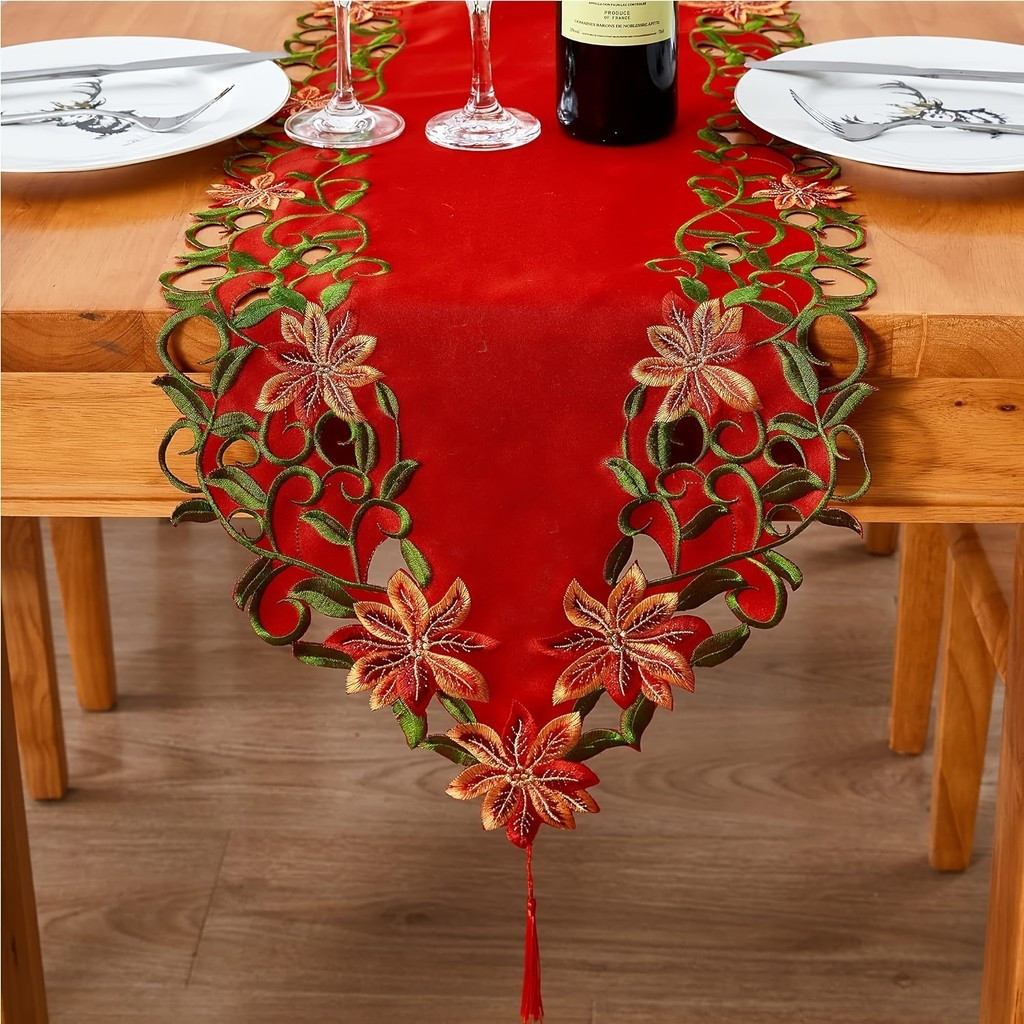 38*176cm Caminho De Mesa Bordado Multicor Com Flor Vermelha De Festa e Casamento