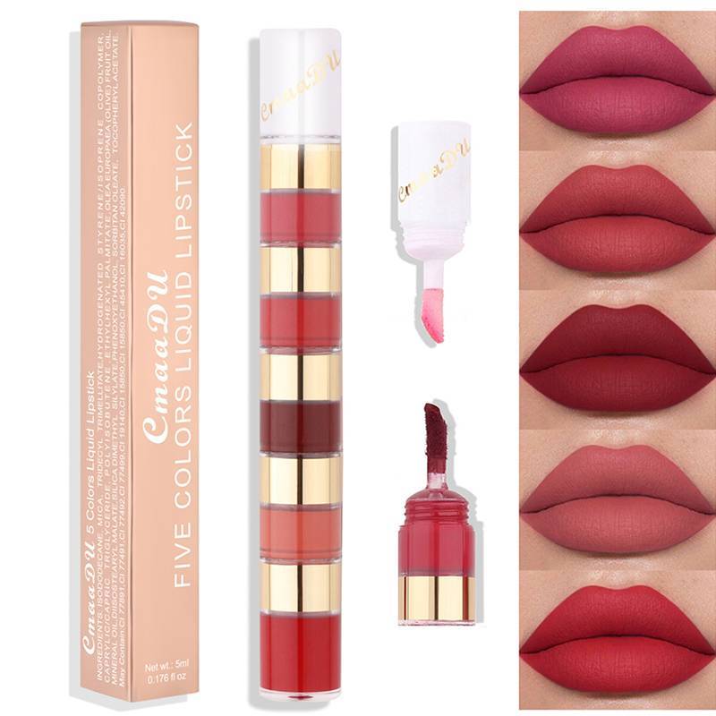 [lovego] 5 Em 1 Matte Lipsti Kitbo Strip Velvet Sexy Red Lip Tint Non-Sti Cup Gloss Oil Maquiagem Lábios Conjunto De Cos