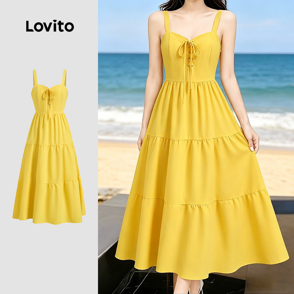 Lovito Vestido Casual de Verão com Camadas Amarelas para mulheres LK5ED423