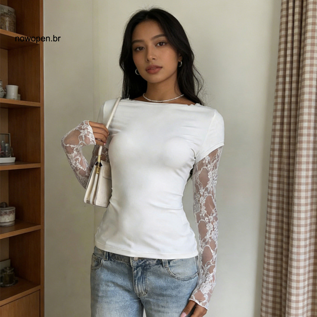 Comfortable Pblouse Women Shirt Women’s O-neck Long Sleeve Lace Spliced Pullover Top – Soft Stretchy Fit Pure Color