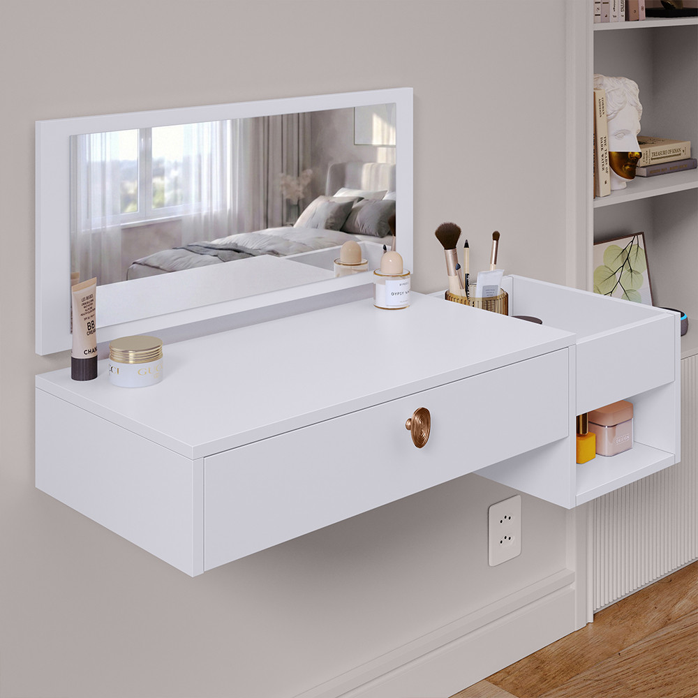 Penteadeira Bancada Camarim Suspensa Espelho 90cm Gaveta Divisória Nichos MakeUp Body Splash branco