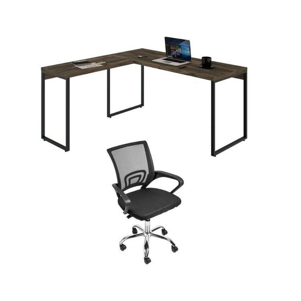 Conjunto 2 Peças com Mesa para Escritorio em L Industrial 150cm Kuadra e Cadeira de Escritório Diretor Tok Carvalho