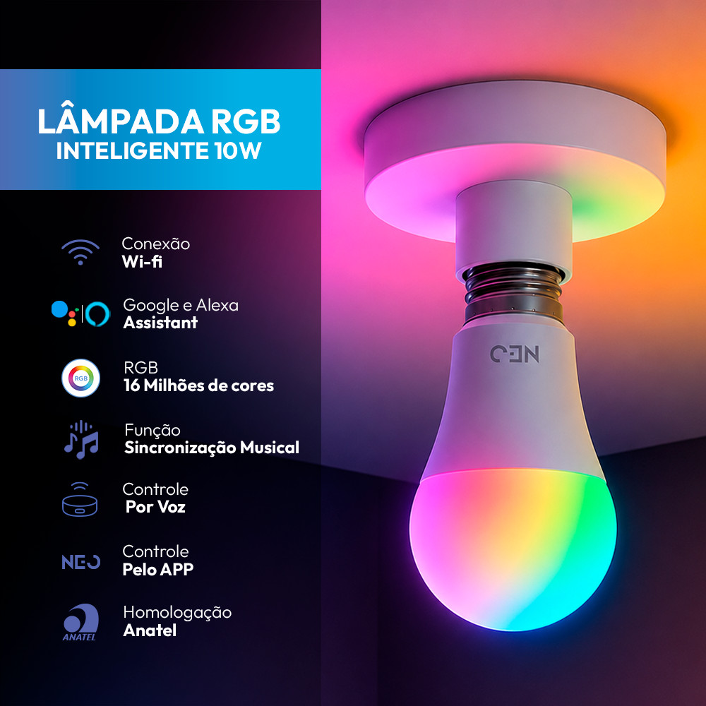 Kit Lâmpada Smart LED RGB WiFi Alexa Google Assistente E27 10W Bivolt Avant Neo 1 a 5 Unidades Inteligente