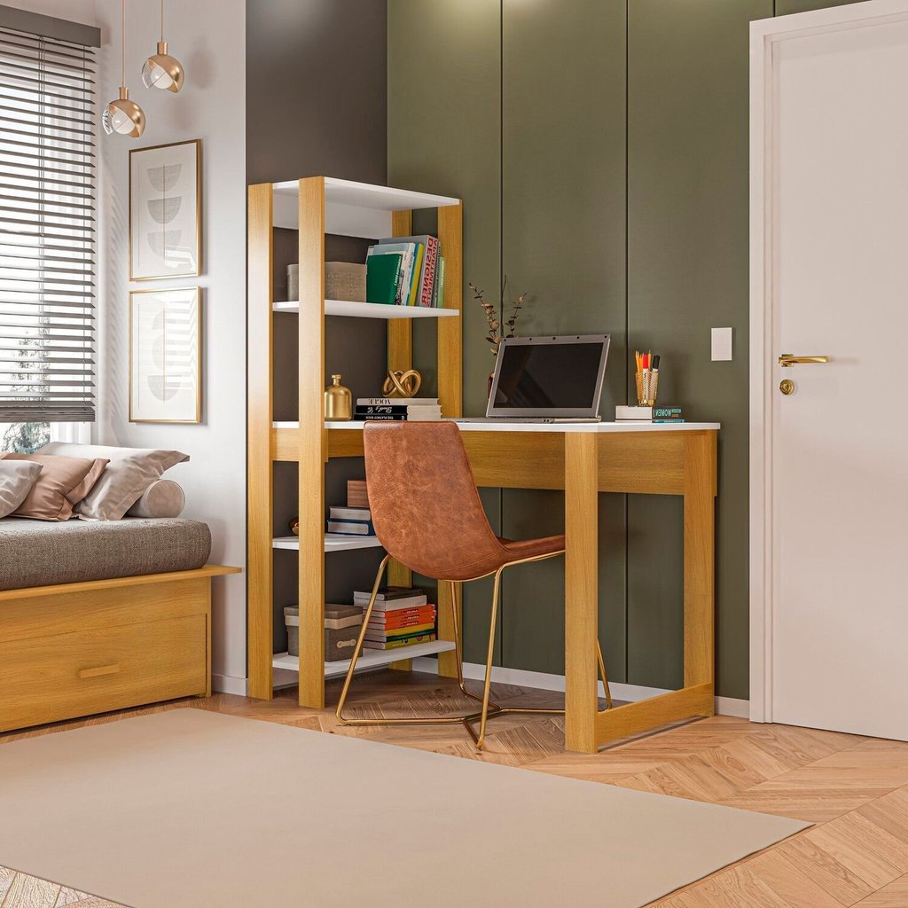 Mesa Escrivaninha com Estante e Licce 4 Prateleiras 120cm Branco e Freijó Marrom Branco/Freijó
