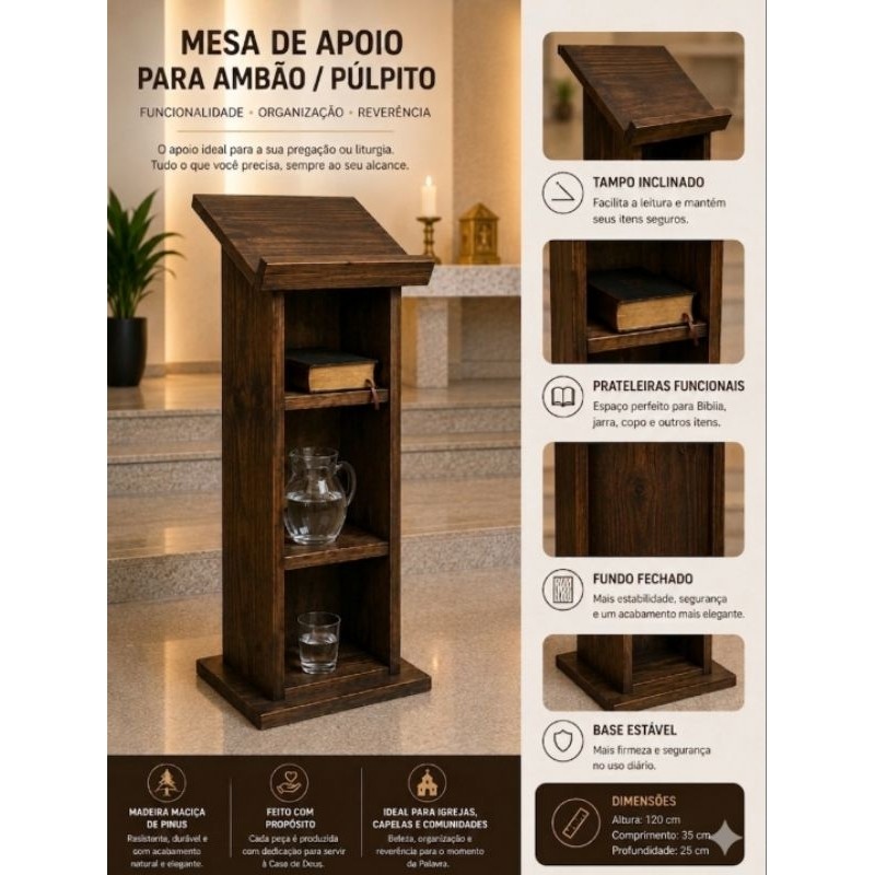 Ambão / Púlpito Litúrgico em Madeira Pinus Escurecido com Prateleiras – Modelo Artesanal Premium para Igrejas e Capelas