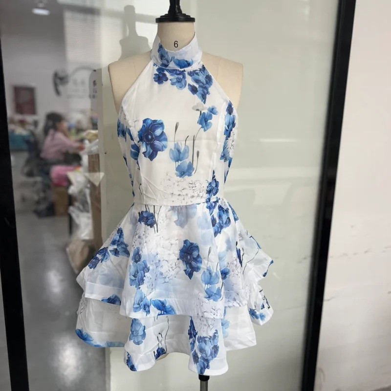 Vestido Mini Feminino com Estampa Floral, Sem Mangas, Costas Abertas, Saia em Camadas, Vestido Doce em A-line, Novo Vest