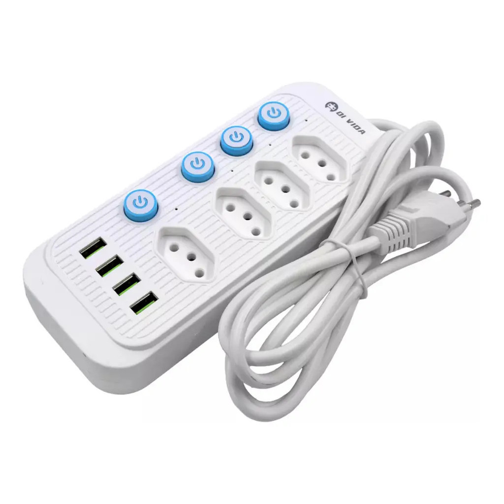Extensão Elétrica Oi Vida OI-TO137 4 Tomadas 4 Entradas USB Filtro Linha Proteção Bivolt Cabo 2m Escritório Casa Eletrôn