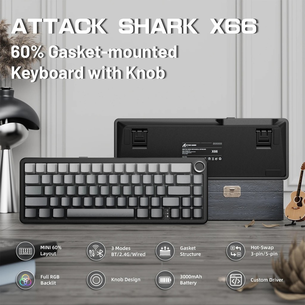 Teclado Mecânico Sem Fio Para Jogos Attack Shark X66 Gasket Com Botão De Volume RGB Retroiluminado Lado Impresso Teclas