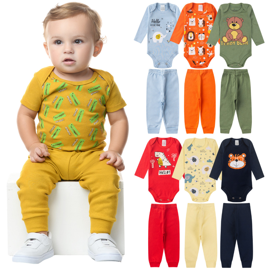 Kit Bebê Menino 4 Peças Inverno Premium | 2 Conjuntos Body + Calça | Algodão Macio | RN ao GG em Oferta na Shopee