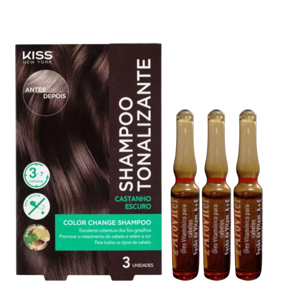 Kit Completo Tratamento Capilar Shampoo Tonalizante Castanho Escuro Kiss New York  Cobre Fios Brancos e Realça o Brilho em Oferta na Shopee