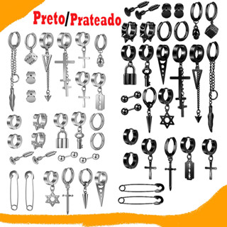 Kit 28 brincos neutros de argola Prateado/Preto em aço inoxidável não alergênicos em Oferta na Shopee