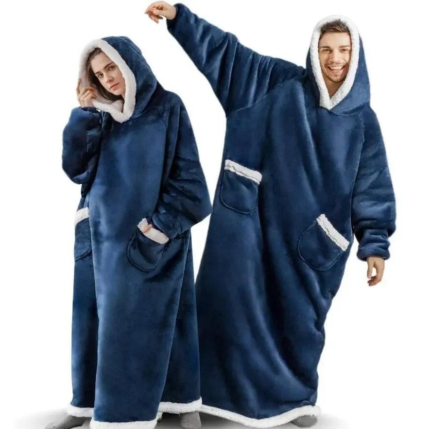 Manta de Flanela Super Longa com Mangas, Moletom com Capuz de Inverno, Pulôver de Fleece para Mulheres e Homens, Manta G