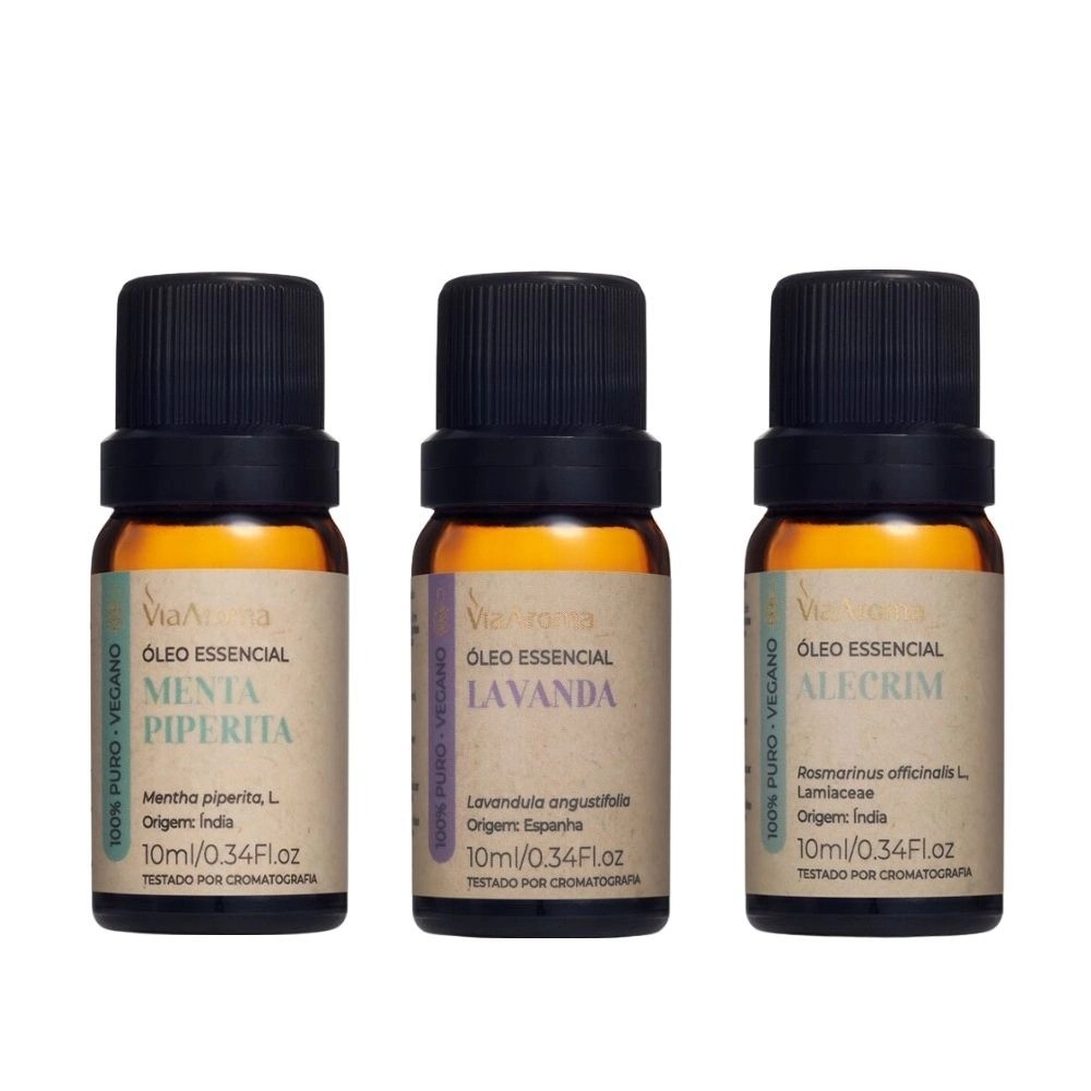 Kit 3 Óleos Essenciais Via Aroma - Alecrim, Lavanda e Menta Piperita em Oferta na Shopee
