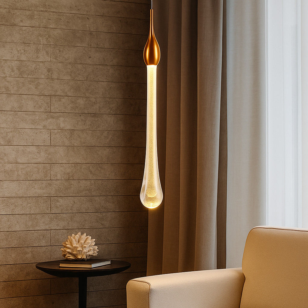 Lustre Pendente Luminaria Teto Gota Cristal Dourado Luxo Luz 3 cores LED