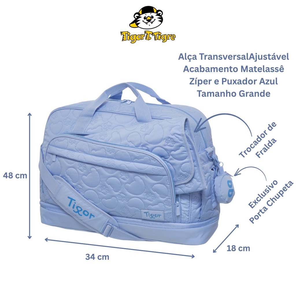 Bolsa Mala Maternidade Grande Tigor T Tigre Azul Bebê Menino Luxo Matelassê Premium Organizada