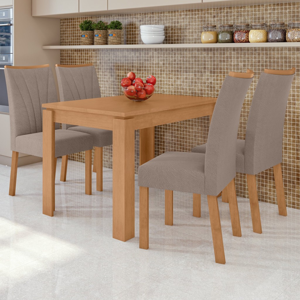 Conjunto Sala de Jantar 4 Lugares Retangular 120cm Tampo MDF Mesa Athenas e Cadeiras Apogeu Amêndoa Clean/ Animale Bege