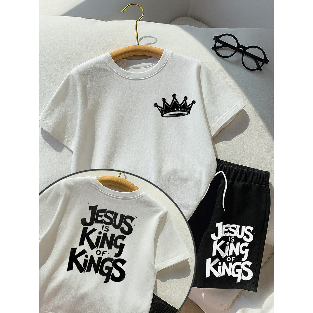 Conjunto para crianças Camisa e Shorts para Crianças Gospel Roupa Infantil Juvenil Jesus is King of King