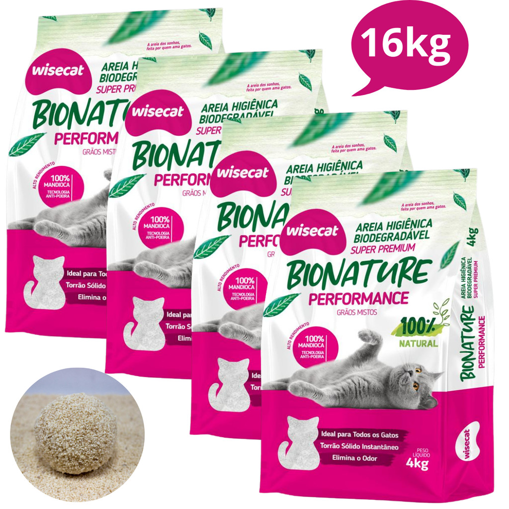 Kit 4 Areia Sanitária De Mandioca Grãos Mistos Para Gatos Biodegradável Wisecat 16kg