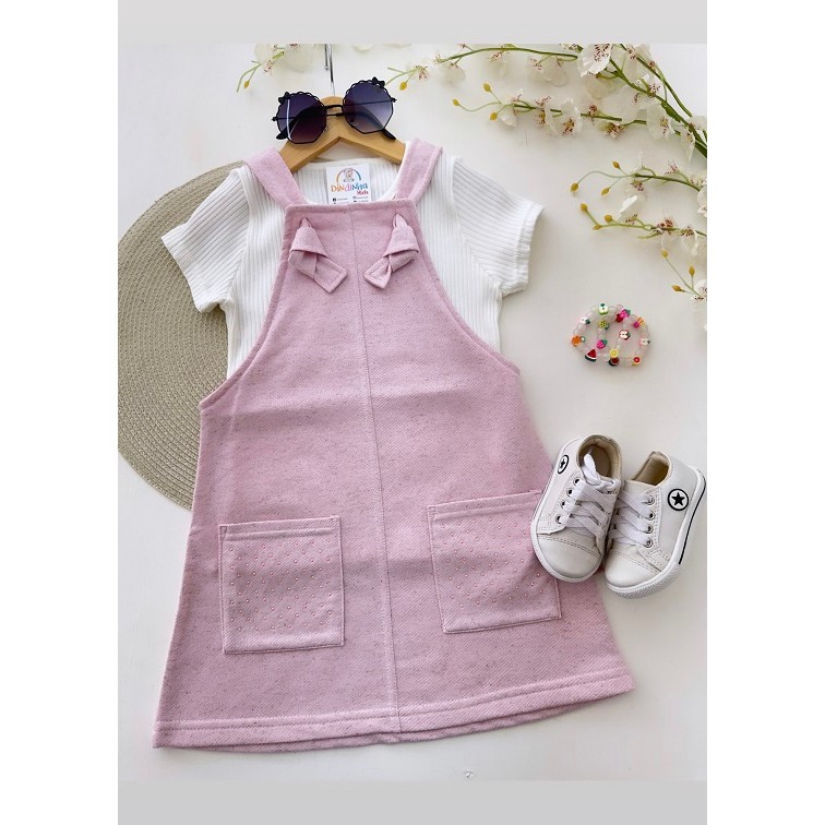 Conjunto Infantil Menina Vestido Blusa Ribana Canelada Branca Rosa Jardineira Roupa Criança CAMILE