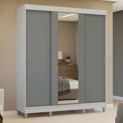 Guarda-Roupa Casal com Pés 3 Portas de Correr com Espelho Branco/Cinza Reno Madesa