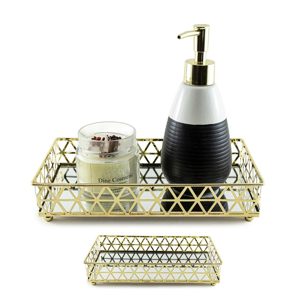 Bandeja Espelhada Retangular Dourada Para Decoração Perfumes Aparador Banheiro Bar Bebidas Sala Mesa Luxo Louvre 24cm