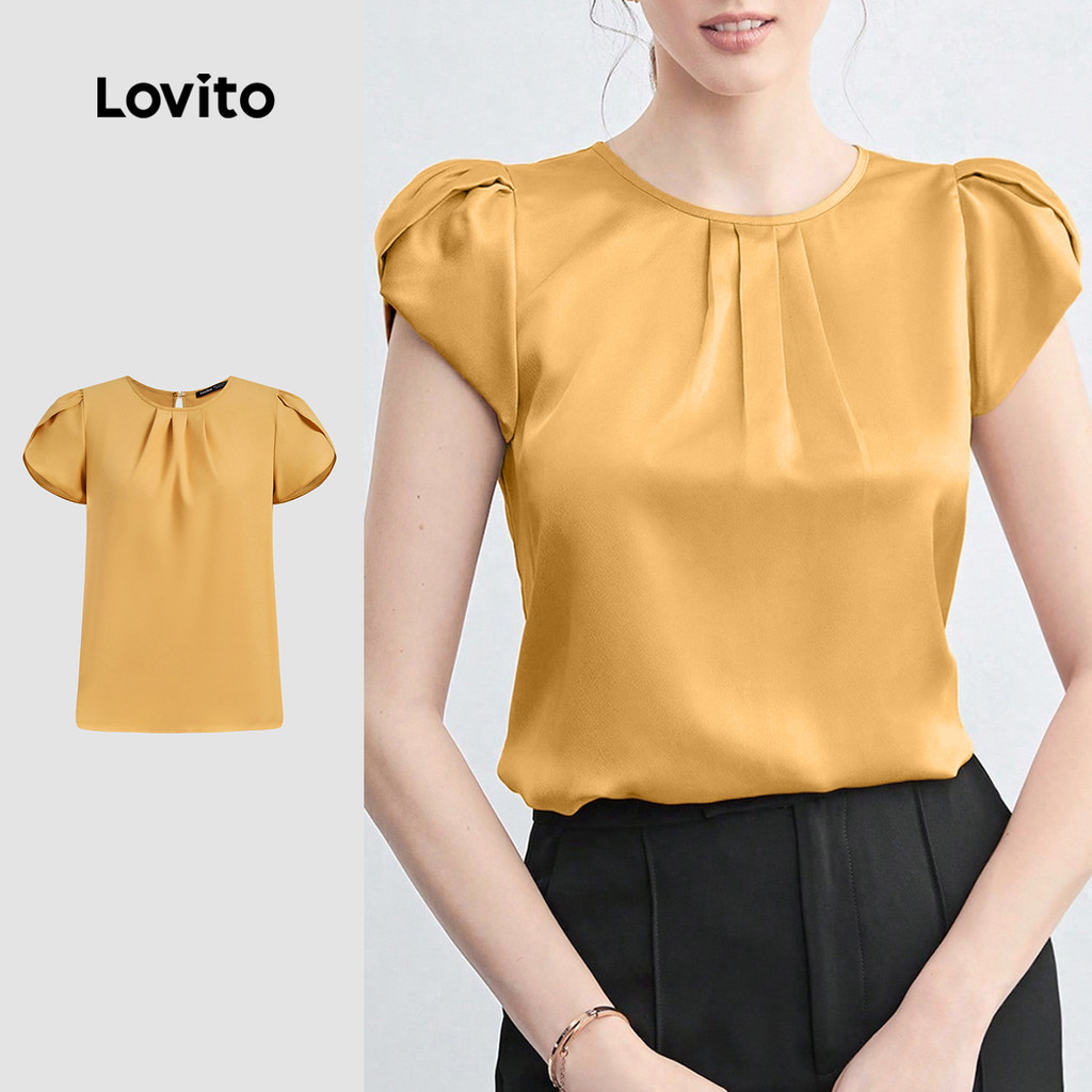 (NEW) Lovito Blusa Elegante Drapeada Primavera/verão Amarela para mulheres L154ED133 em Oferta na Shopee