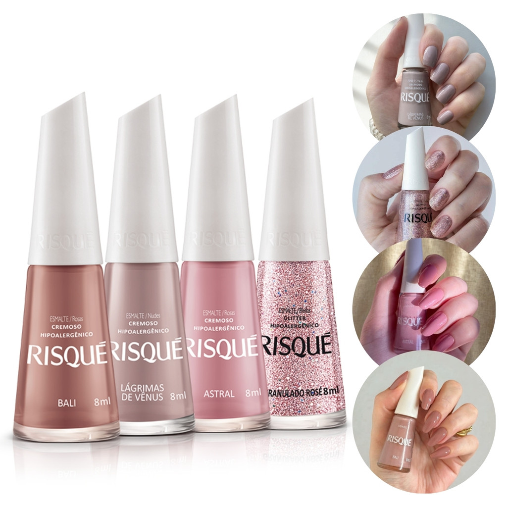 Kit 4 Esmalte Risque Tons Nudes Rosa Cremoso Hipoalergenico Cor