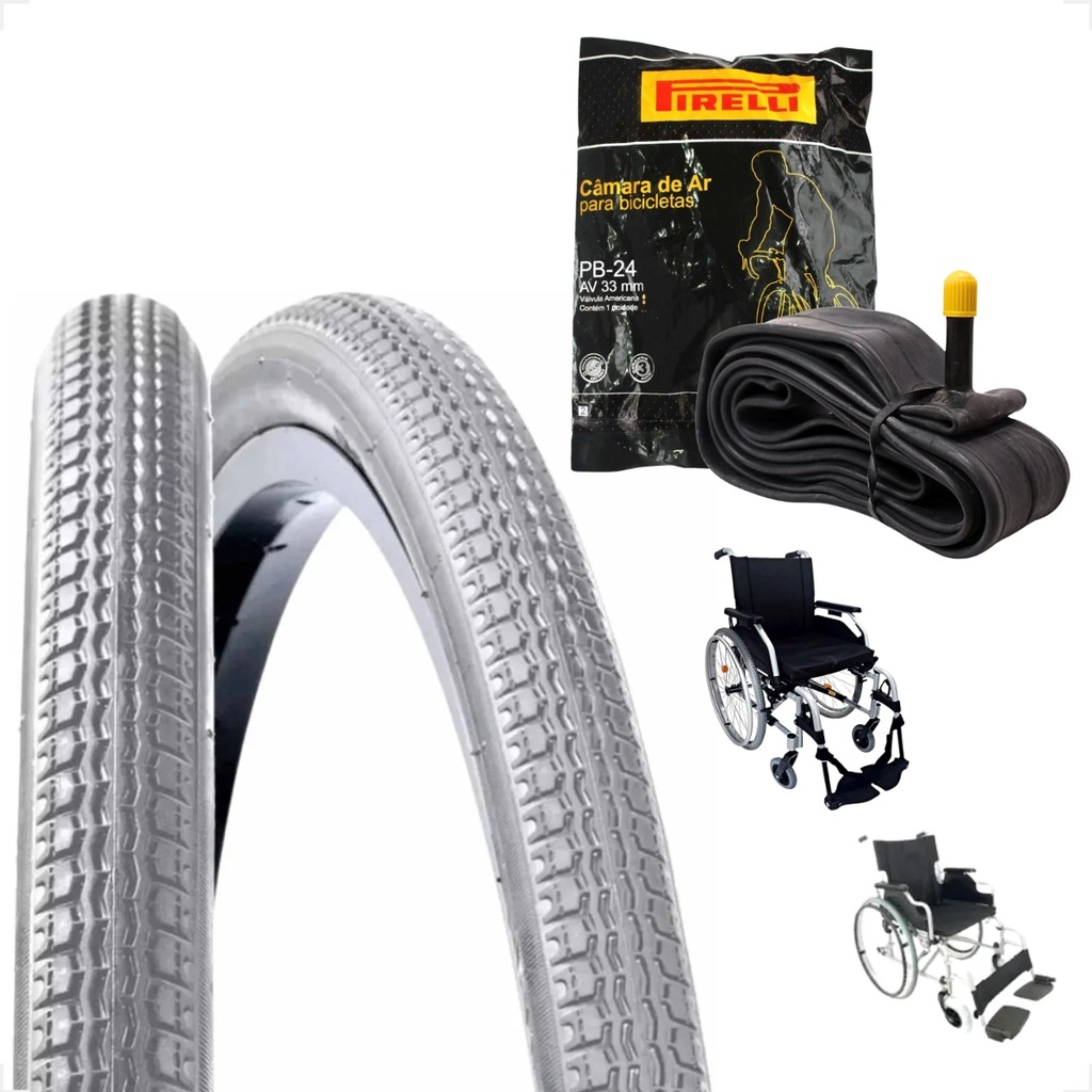Pneu Pineu Para Cadeira de Rodas aro 24 x 1.3/8 Cinza Fino Resistente + Camara Pirelli bico grosso