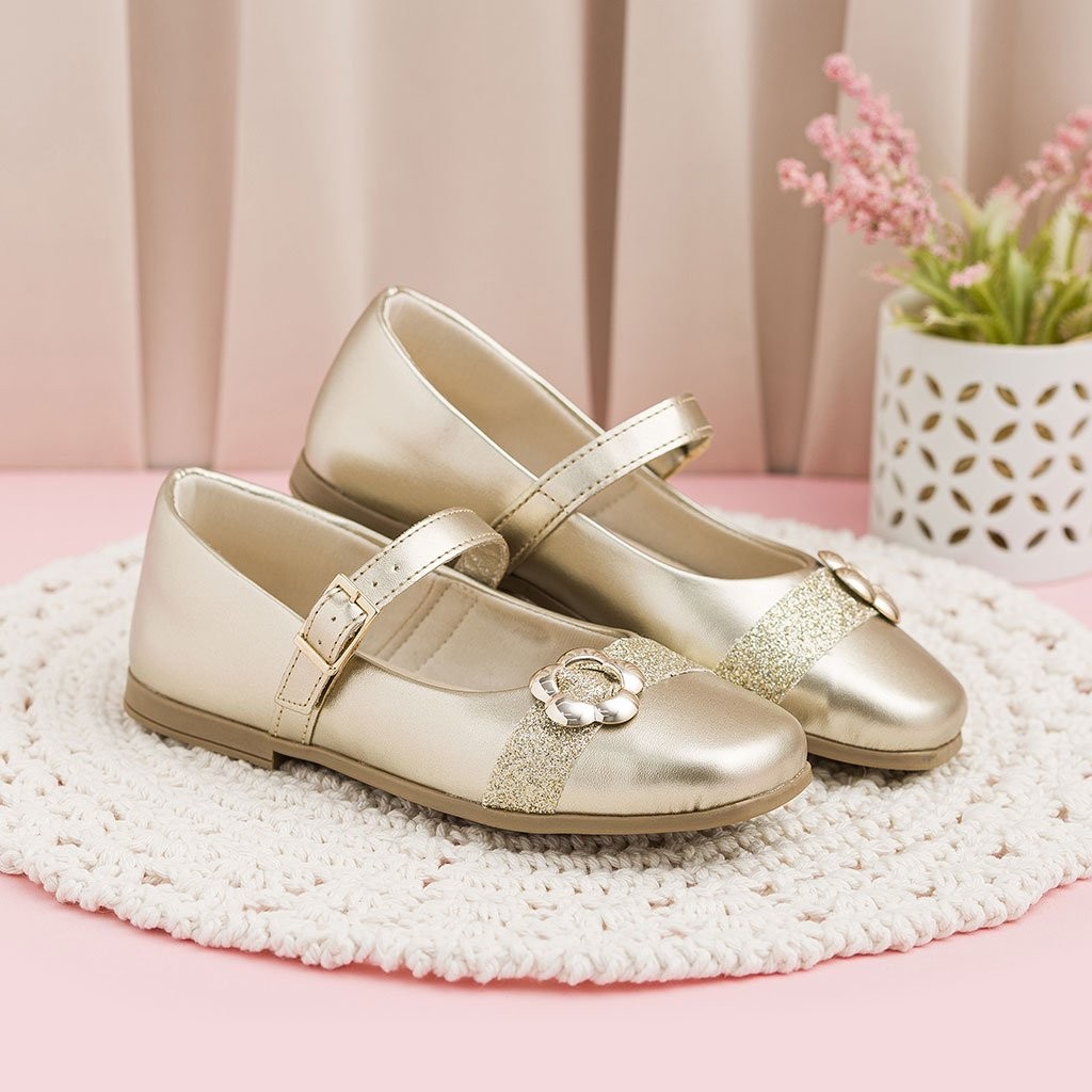 Sapatilha Infantil Pinokio Dourada Com Flor E Glitter
