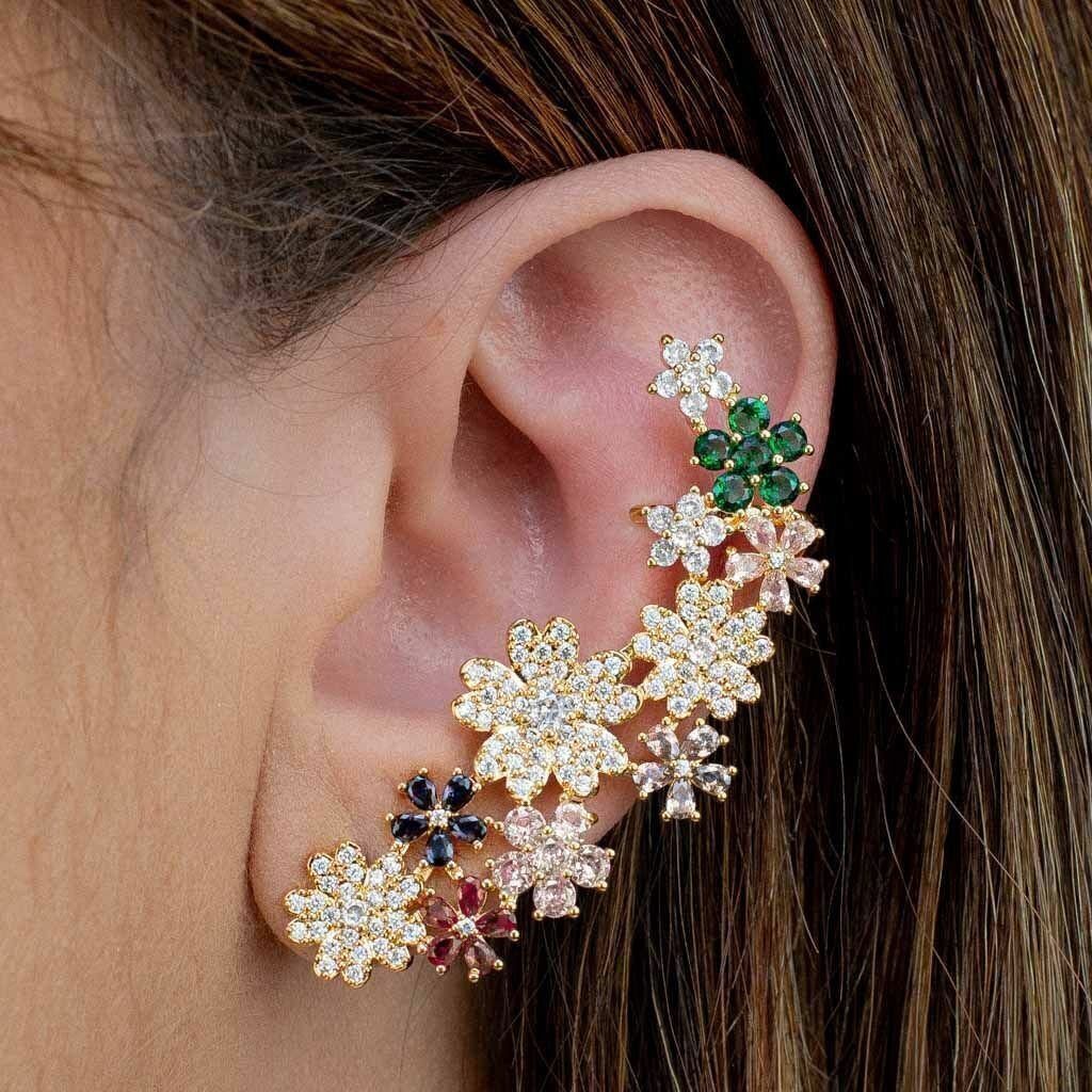 Brinco Ear Cuff Flores lado único Pedras Coloridas Banhado em Ouro 18k
