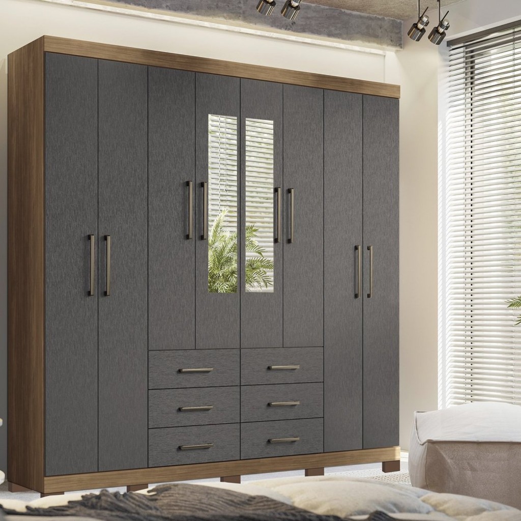 Guarda-roupa Casal 8 Portas 6 Gavetas Liverpool com Espelhos e Pés em Oferta na Shopee
