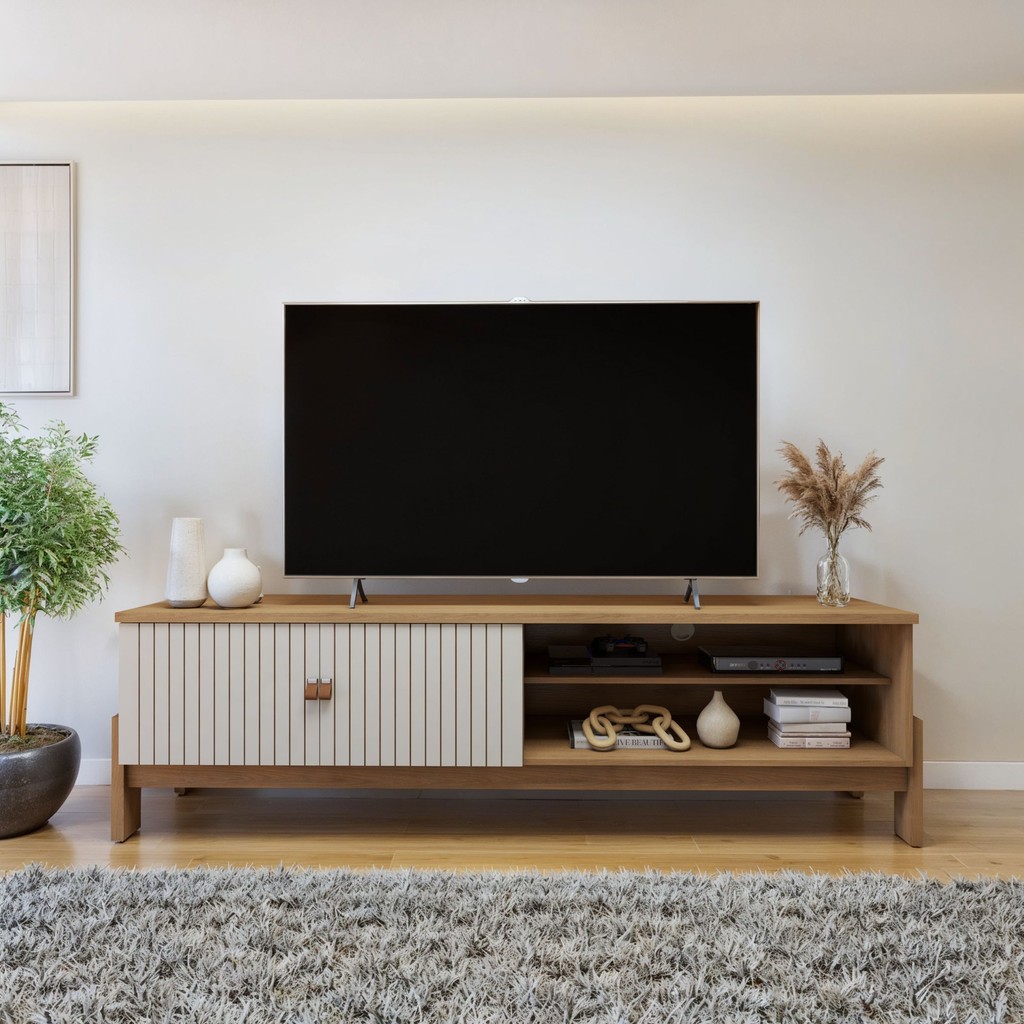 Rack para TV até 55 Polegadas Frisado Ouro Preto  Cinamomo/Off White em Oferta na Shopee