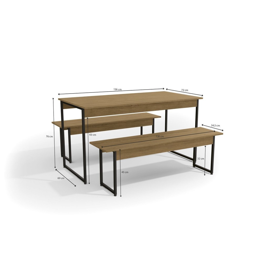 Detalhes do Mesa de Jantar com 2 Bancos Li013 136cm Industrial Freijó/Preto