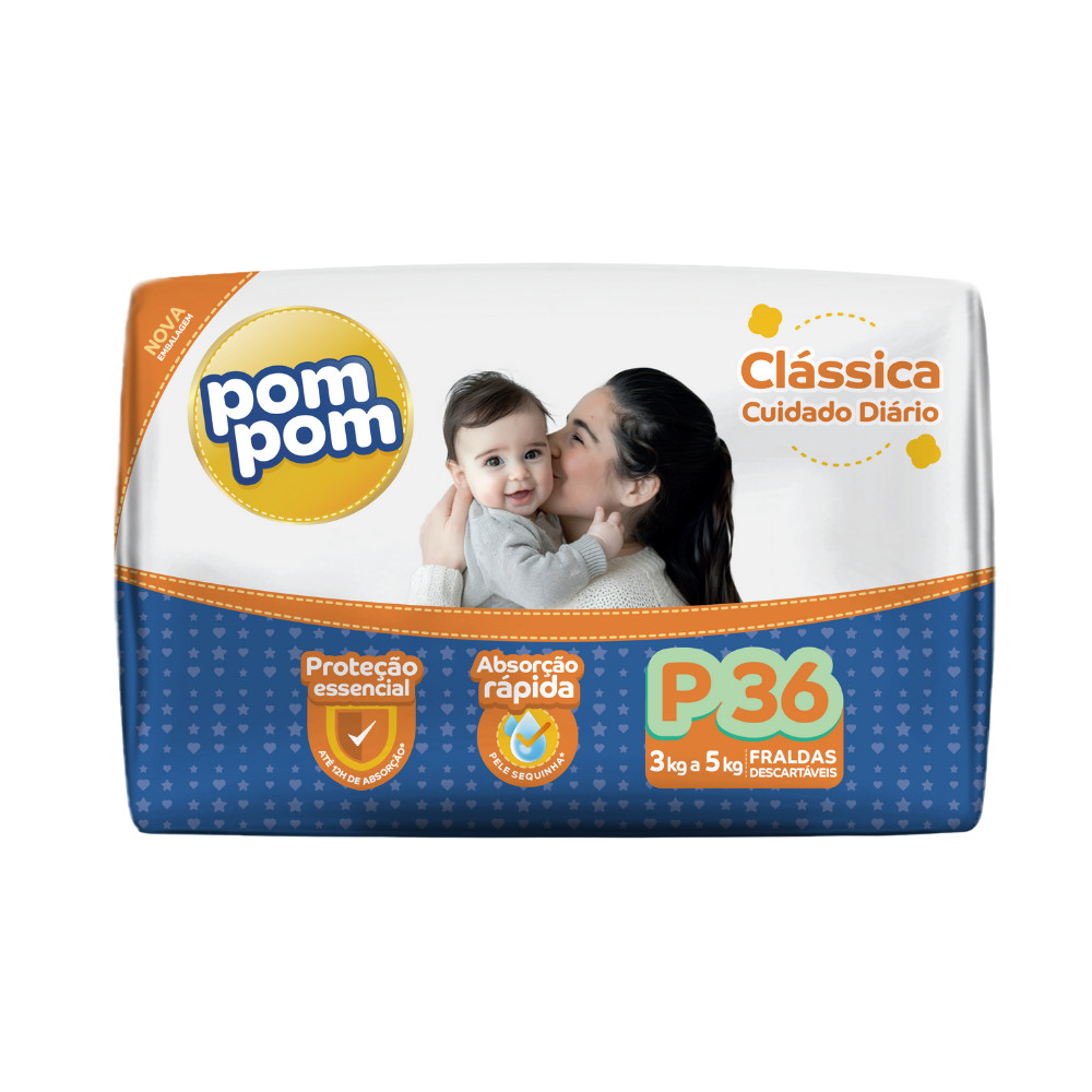 PomPom Clássica P 36un Fralda Econômica - Toque Suave e Alta Absorção
