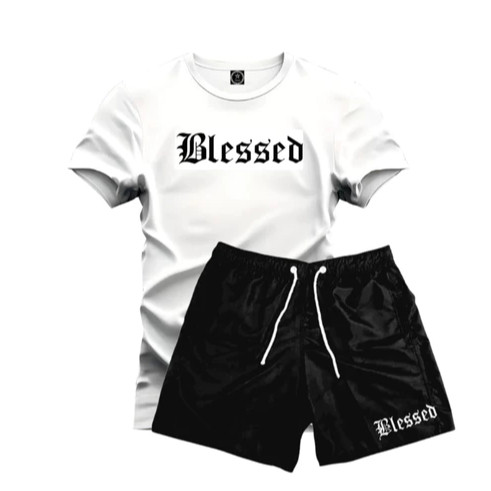 Kit Camiseta + Short Tectel BLESSED Camisa 100% Algodão Bermuda Tactel em Varias Cores