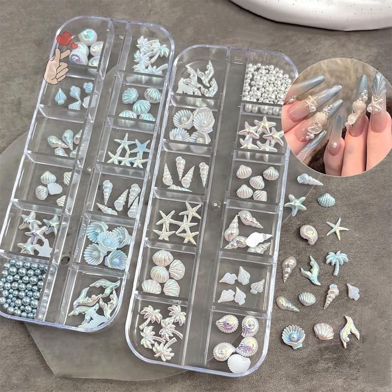 [PEBR] 12 Grades/Caixa Aurora Nail Charm Starfish Mermaid Tail Acessórios De Arte 3d Para Aparência De Manicure Sonhador