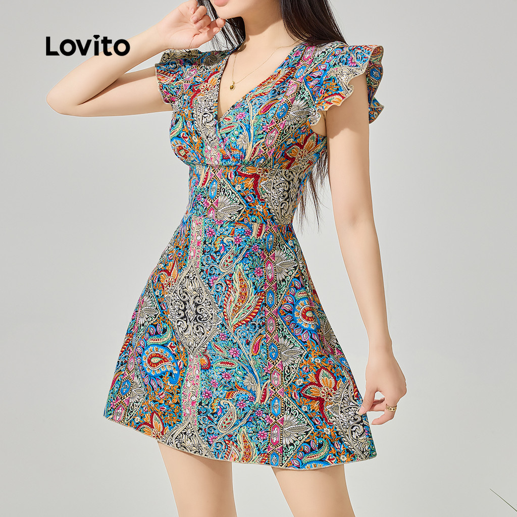 Detalhes do Lovito Vestido Boho Com Estampa Tribal E Babados Para Verão/primavera Feminino L123ED111