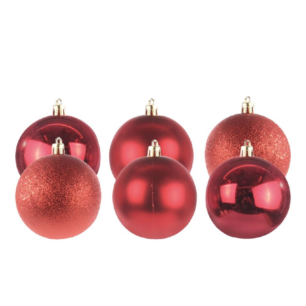 Kit com 6 bolas de natal mistas vermelha com glitter para arvore 7cm