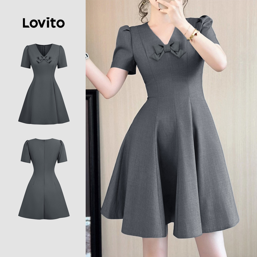 (NEW) Lovito Vestido Casual com Laço para Primavera/verão Cor Cinza para mulheres L154ED371 em Oferta na Shopee