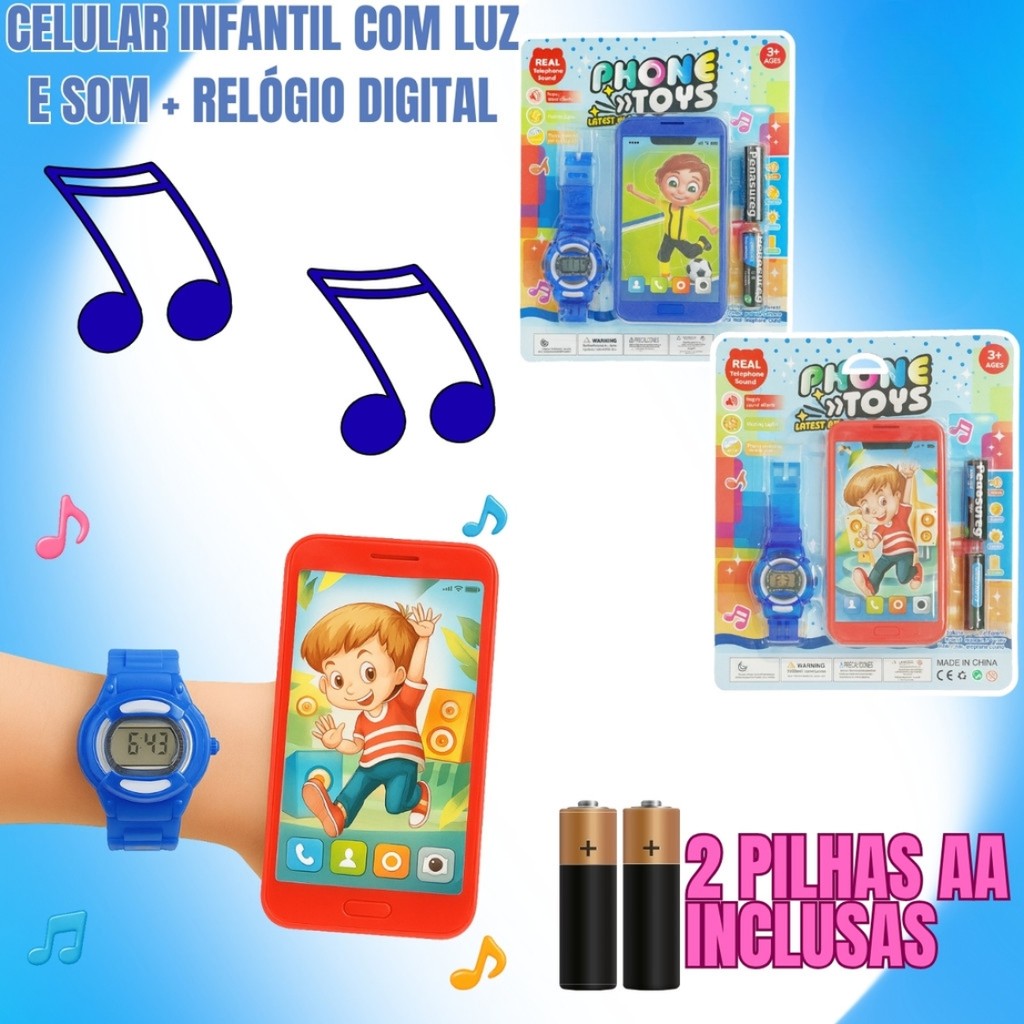 Brinquedo Celular e Relógio Infantil com Som Real e Luz – Phone Toys