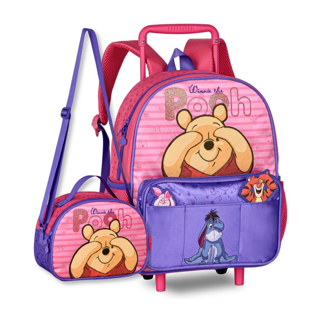 Kit Mochila Carrinho com Lancheira Termica Escolar Ursinho Pooh