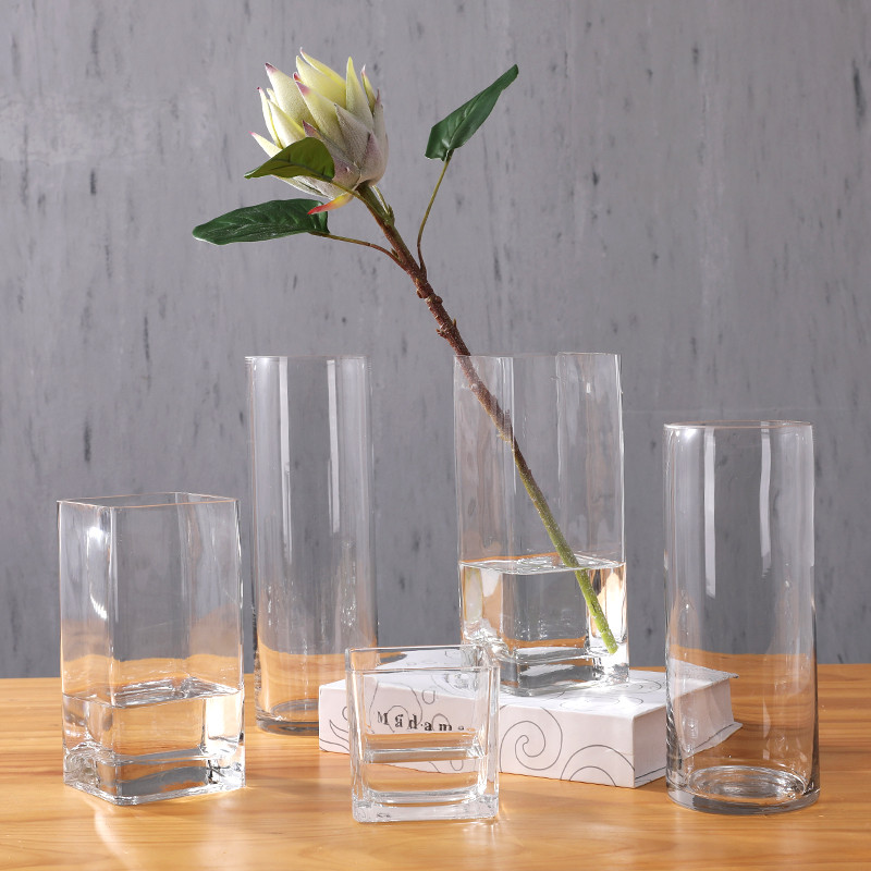 Anel tailandês transparente simples vaso de vidro barril reto redondo tanque quadrado cultura água arranjo flor fortuna