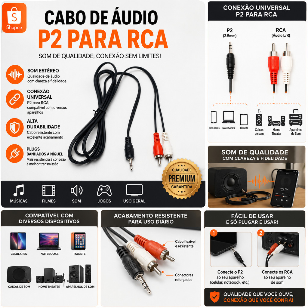 Cabo P2 X 2 Rca de Áudio Estéreo / Auxiliar 1.50m P/ Tv / Home Theater Entrega Rapida